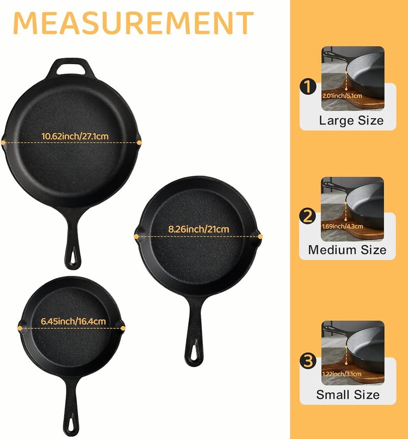 EWFEN Cast Iron Skillet 3-Piece Set, Heavy-Duty Professional Restaurant Chef Quality Pre-Seasoned Pan Cookware Set, 6", 8", 10" Pans For Frying, Saute, Cooking, Use Indoor/Outdoor, Oven, Grill - Image 3